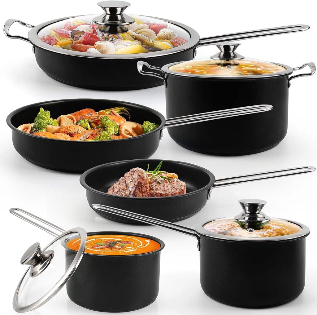 10-Piece Pots and Pans Set, Nonstick Kitchen Cookware with Stay-Cool Stainless Steel Handles, Dishwasher Safe Black