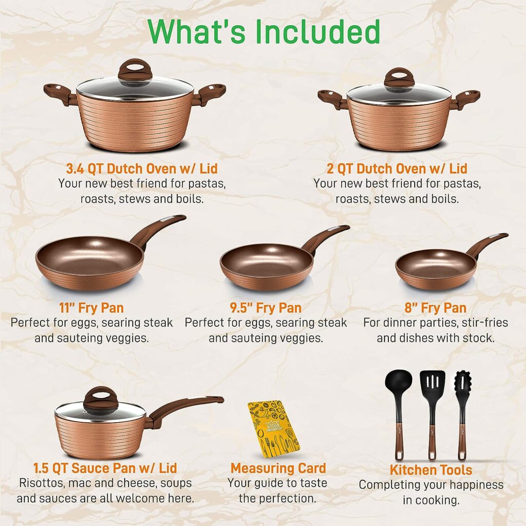 12-Piece Nonstick Kitchen Cookware Set - PTFE/PFOA/PFOS-Free Heat Resistant Lacquer Kitchen Ware Pots Pan Set Coffee/Brown - Saucepot, Pans, Cooking Pot, Oven Pot, Lid, Utensil - NutriChef NCCW12BRW