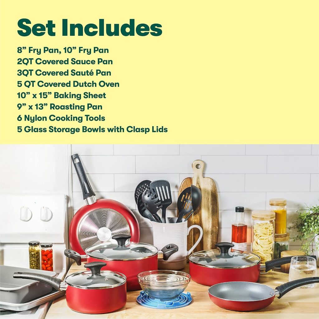 BELLA Nonstick Cookware Set with Glass Lids - Aluminum Bakeware, Pots and Pans, Storage Bowls  Utensils, Compatible with All Stovetops, 21 Piece, Red