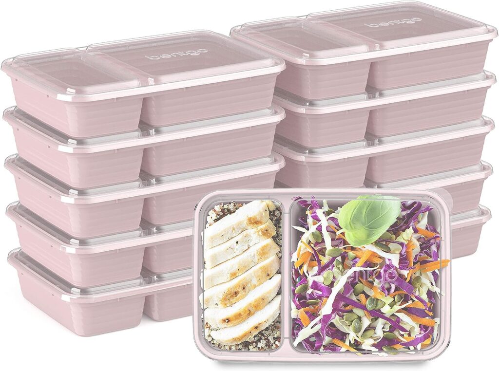 Bentgo Prep 2-Compartment Meal-Prep Containers with Custom-Fit Lids - Microwaveable, Durable, Reusable, BPA-Free, Freezer and Dishwasher Safe Food Storage Containers - 10 Trays  10 Lids (Blush Pink)