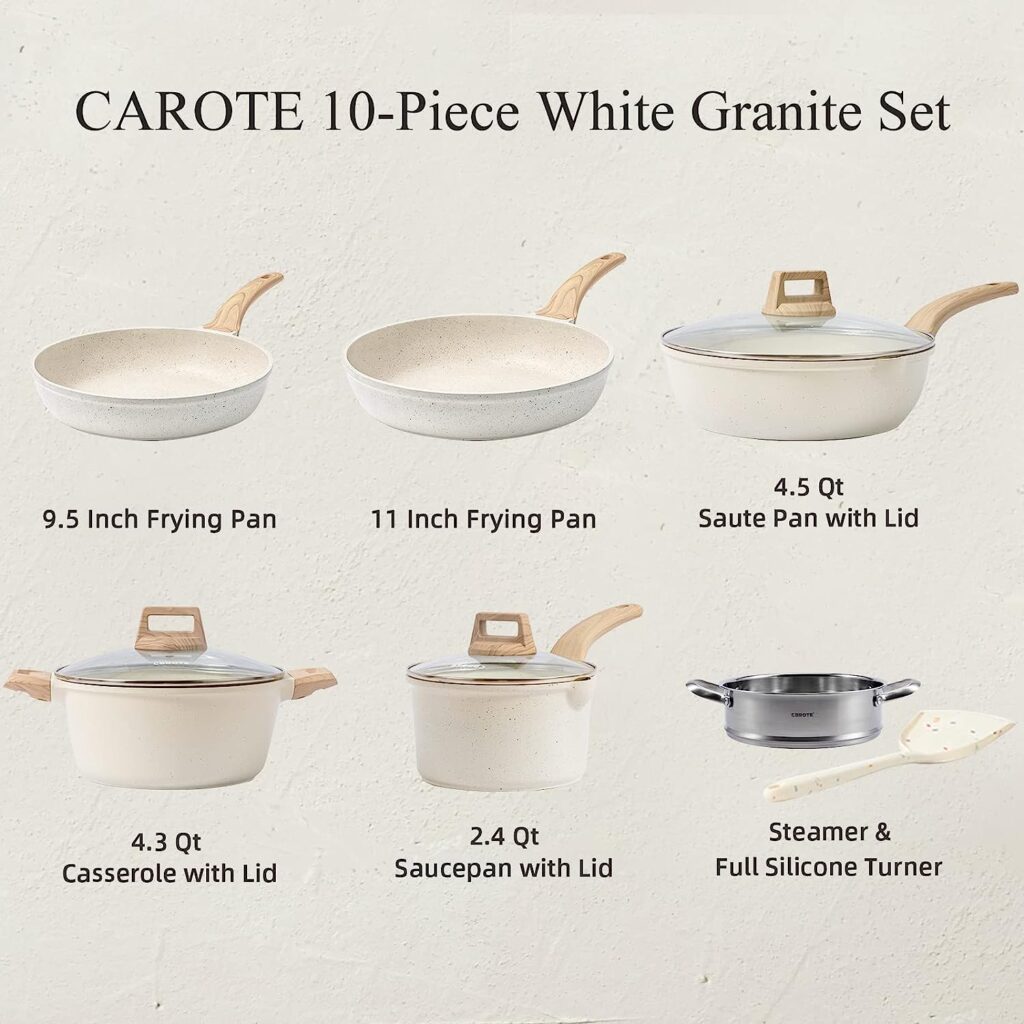 CAROTE Pots and Pans Set Nonstick, White Granite Induction Kitchen Cookware Sets, 10 Pcs Non Stick Cooking Set w/Frying Pans  Saucepans(PFOS, PFOA Free)
