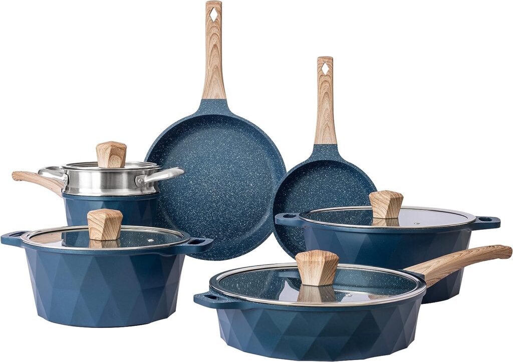 Country Kitchen Nonstick Induction Cookware Sets - 11 Piece Nonstick Cast Aluminum Pots and Pans with BAKELITE Handles - Induction Pots and Pans with Glass Lids (Navy)