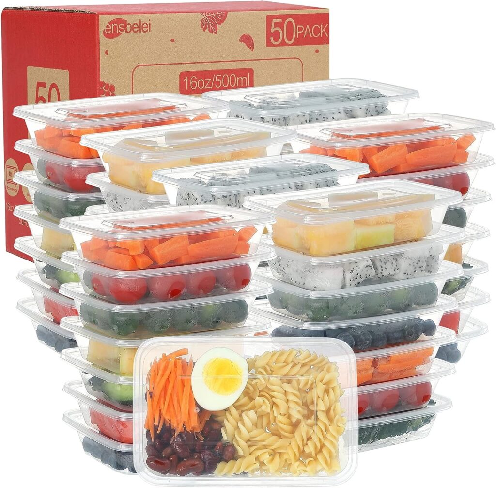 Ensbelei 16oz Food Storage Containers with Airtight Lids, 50Pcs Reusable Deli Containers with Lids, Disposable Meal Prep Containers, Leakproof, Microwaveable, Dishwasher  Freezer Safe