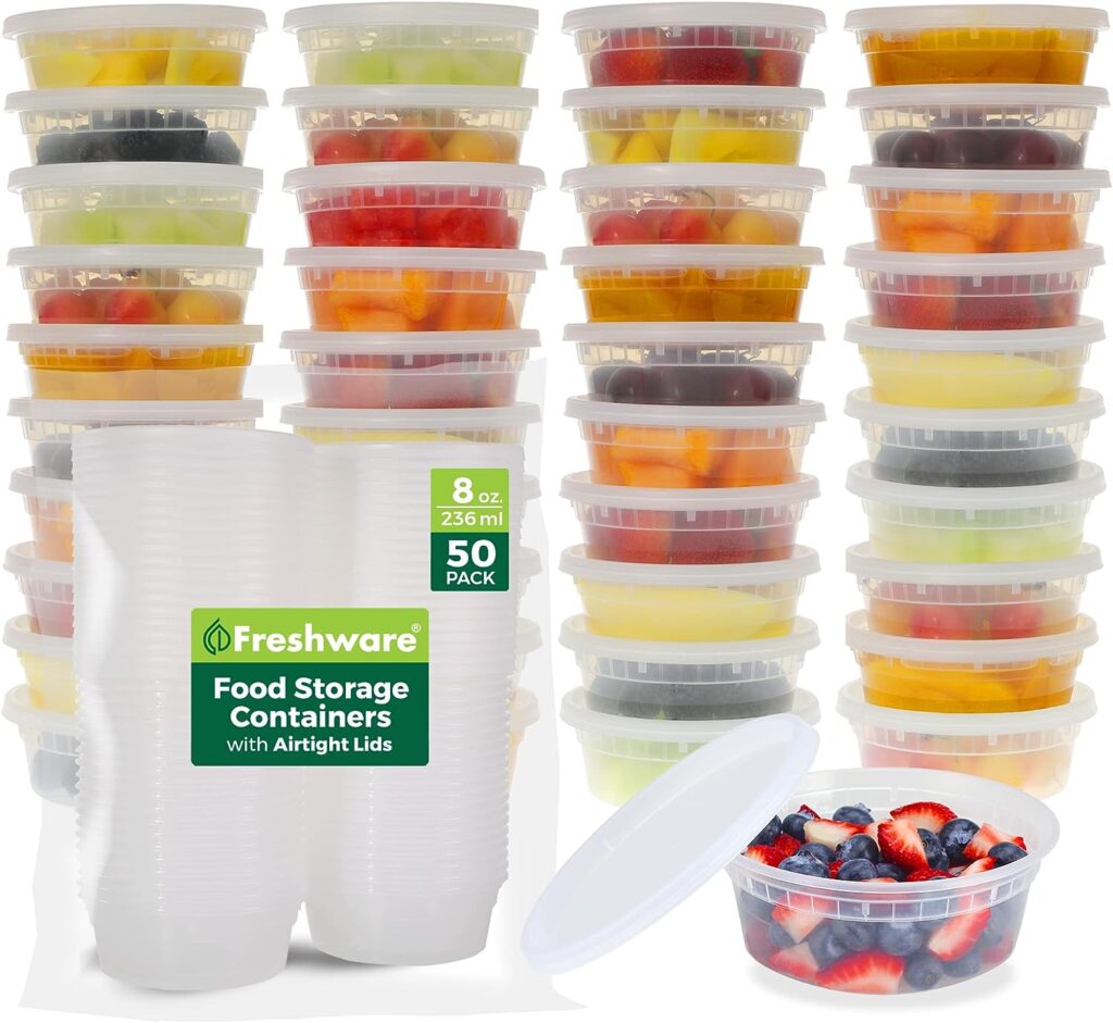 Freshware Food Storage Containers [50 Set] 8 oz Plastic Deli Containers with Lids, Slime, Soup, Meal Prep Containers | BPA Free | Stackable | Leakproof | Microwave/Dishwasher/Freezer Safe: Home  Kitchen