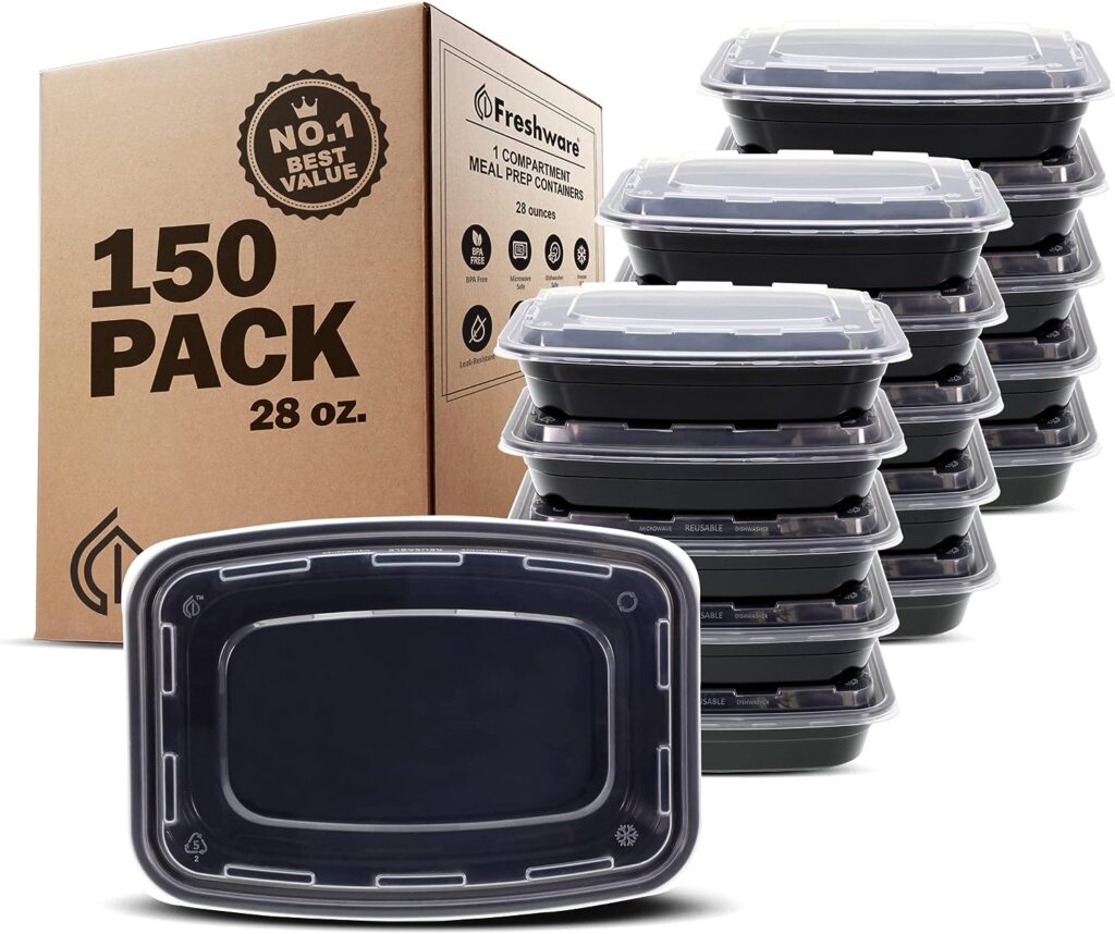 Freshware Meal Prep Containers [150 Pack] 1 Compartment Food Storage Containers with Lids, Bento Box, BPA Free, Stackable, Microwave/Dishwasher/Freezer Safe (28 oz)