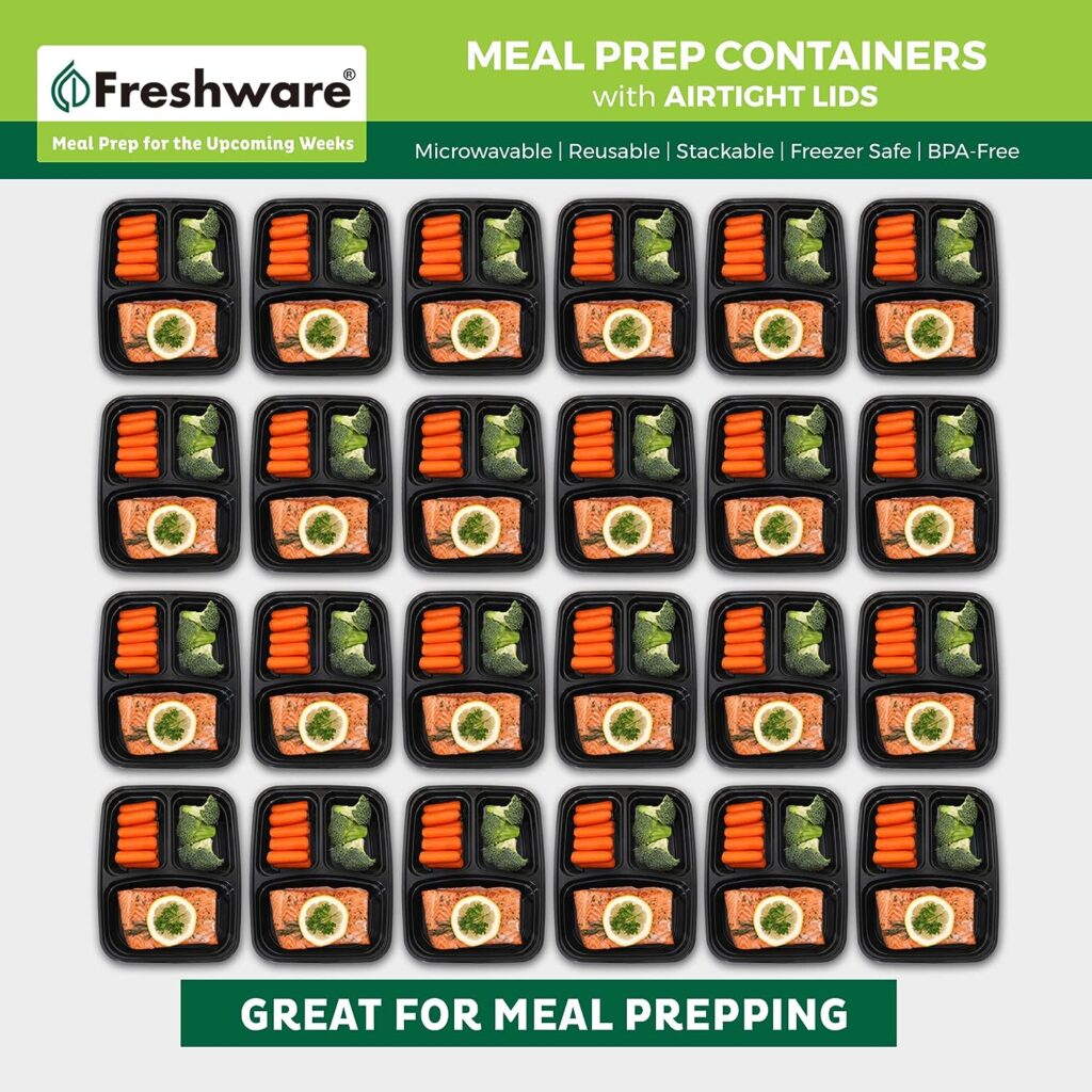 Freshware Meal Prep Containers [21 Pack] 3 Compartment with Lids, Food Storage Containers, Bento Box, Stackable, Microwave/Dishwasher/Freezer Safe (24 oz)