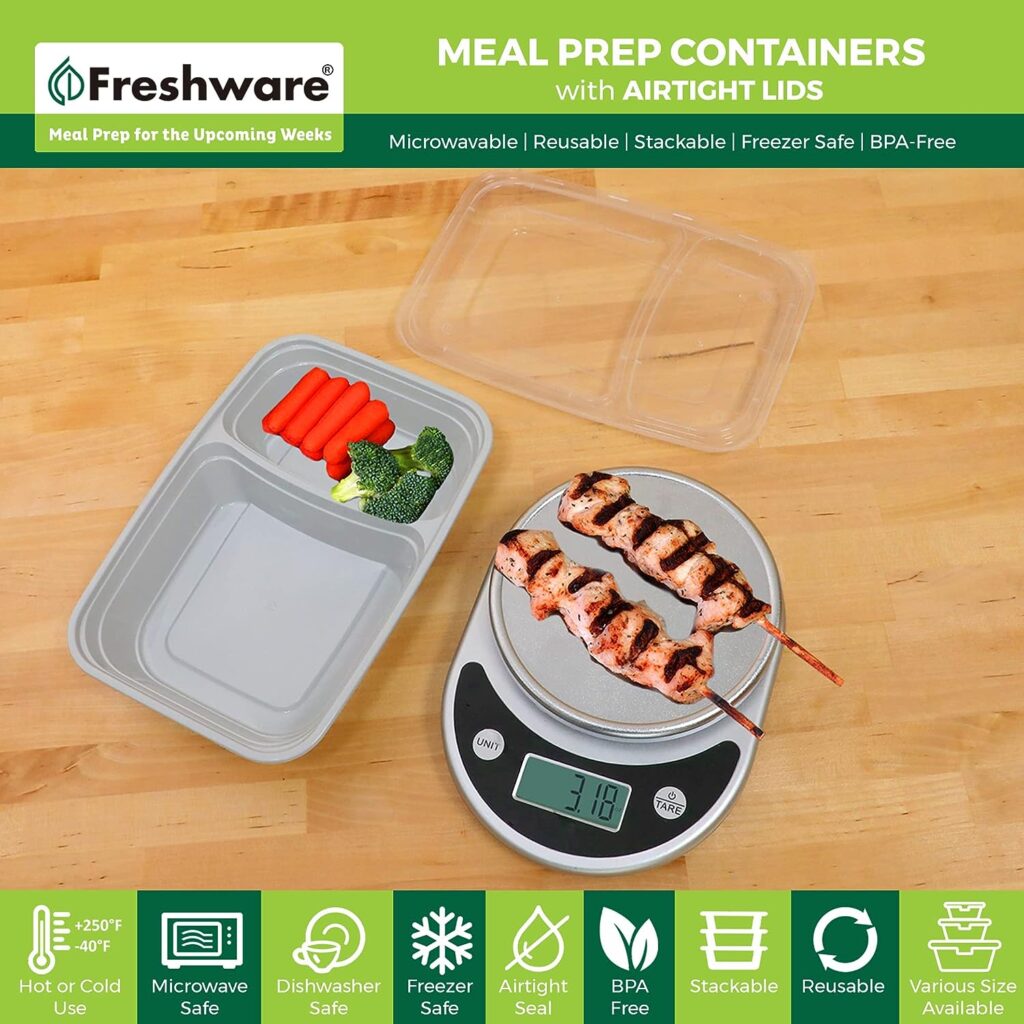 Freshware Meal Prep Containers [25 Pack] 2 Compartment with Lids, Food Storage Containers, Bento Box, BPA Free, Stackable, Microwave/Dishwasher/Freezer Safe (28 oz), Grey