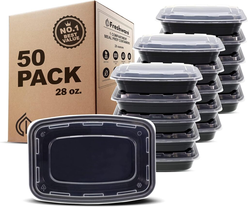 Freshware Meal Prep Containers [50 Pack] 1 Compartment Food Storage Containers with Lids, Bento Box, BPA Free, Stackable, Microwave/Dishwasher/Freezer Safe (28 oz)