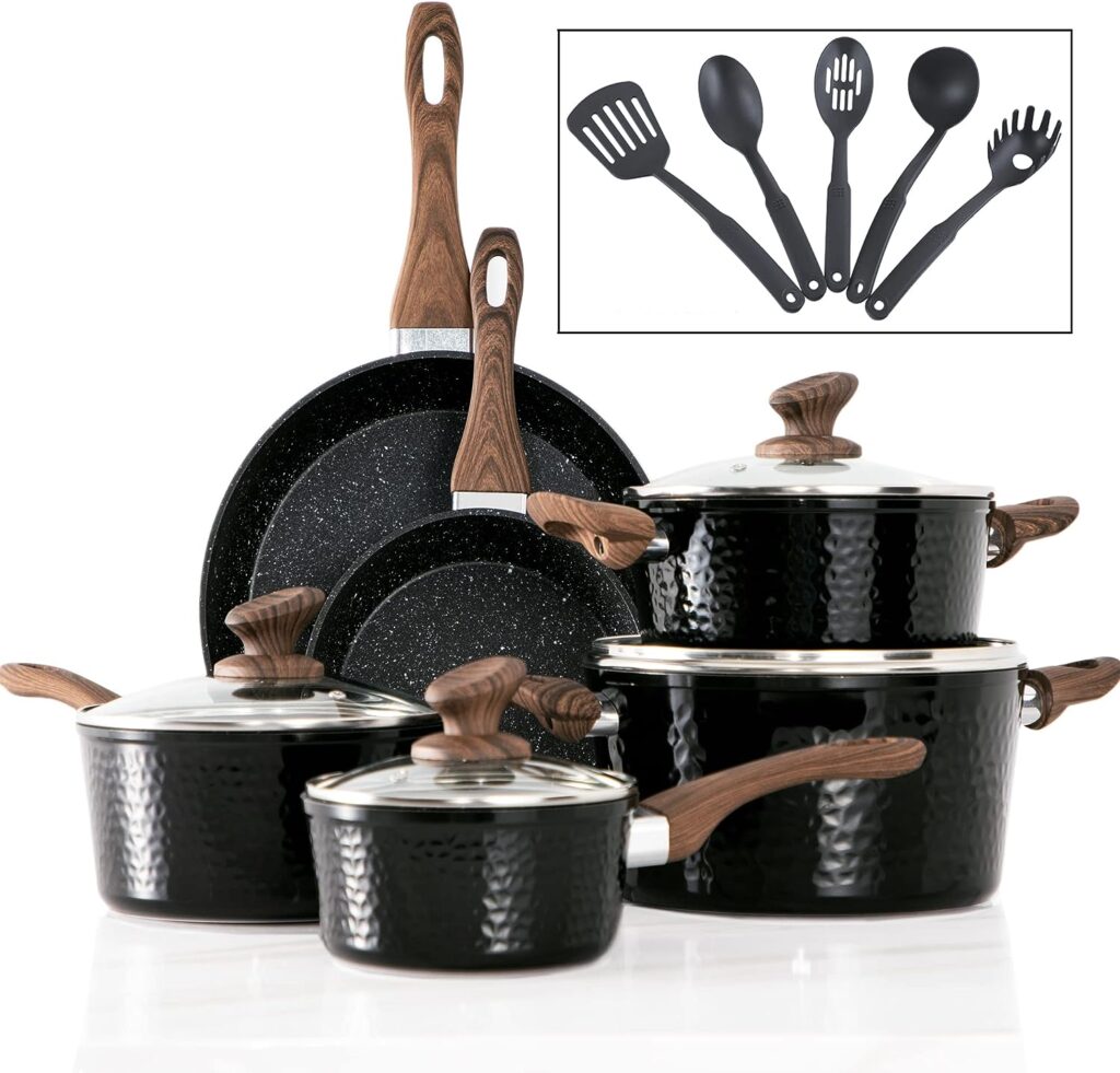 Kitchen Academy Induction Cookware Sets - 15 Pcs Black Hammered Cooking Pans Set, Healthy Granite Nonstick Pots and Pans Set
