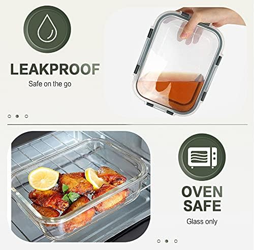 KOMUEE 10 Packs 30 oz Glass Meal Prep Containers,Glass Food Storage Containers with Lids,Airtight Glass Lunch Bento Boxes,BPA Free,Microwave, Oven, Freezer and Dishwasher,Gray