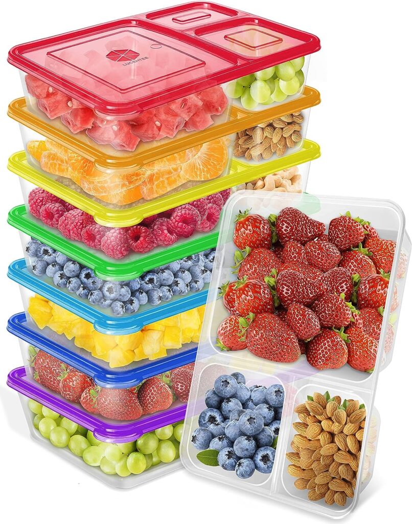 LUCENTEE 7-Pack Snack Containers - Bento Snack Box - Snack Containers - Lunch Containers Snack Container, 3 Compartment Food Container, Lunch Box, Bento Box, Meal Prep Container Microwave Safe