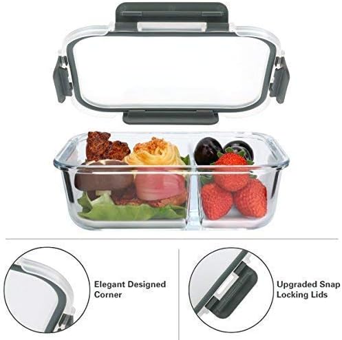 M MCIRCO [5-Pack,36 Oz] Glass Meal Prep Containers 2 Compartments Portion Control with Upgraded Snap Locking Lids Glass Food Storage Containers, Microwave, Oven, Freezer and Dishwasher (4.5 Cups)