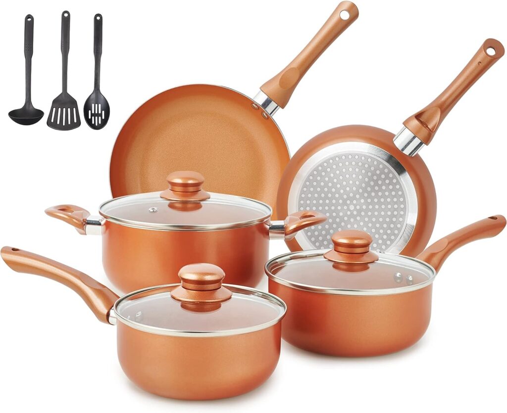 M MELENTA Pots and Pans Set Ultra Nonstick, Pre-Installed 11pcs Cookware Set Copper with Ceramic Coating, Stay cool handle  Nylon Kitchen Utensils, Gas/Induction Compatible, 100% PFOA Free