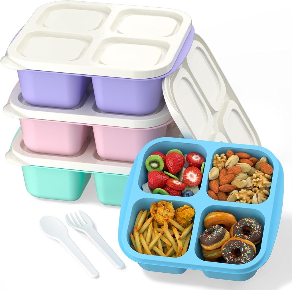 Meal Prep Containers(4 Pack), 4-Compartments Salad Container for Lunch, Reusable BPA Free Food Prep Containers for Kids, Lunchable Kids Snack Container for School, Work, and Travel (G/P/B/P+White Lid)