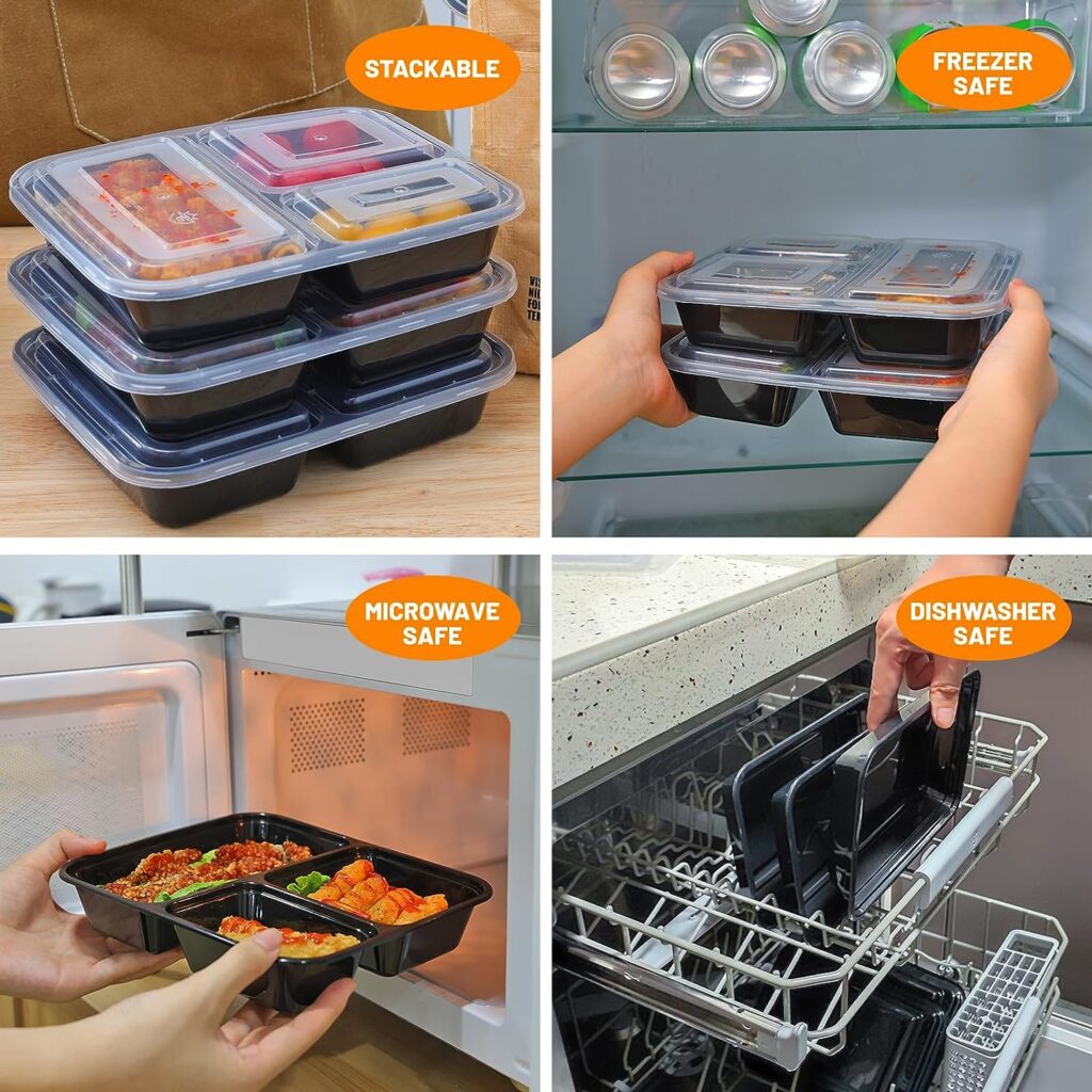 Moretoes 20 Pack 32 oz Meal Prep Containers 3 Compartment Food Storages with Lids, Disposable Bento Box for Lunch Microwave/Freezer/Dishwasher Safe