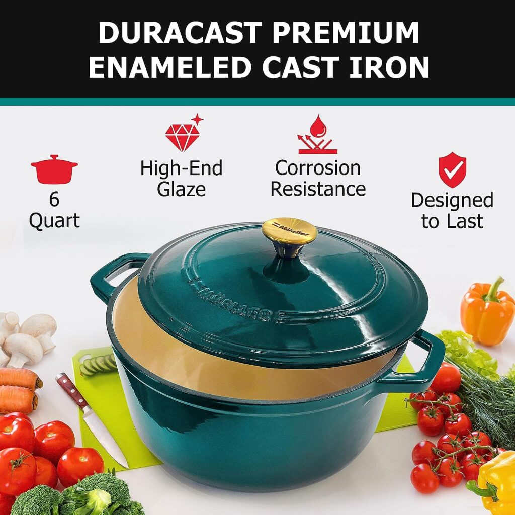 Mueller DuraCast 6 Quart Enameled Cast Iron Dutch Oven Pot with Lid, Heavy-Duty, Braiser Pan, Stainless Steel Knob, for Bread Baking, Braising, Stews, Roasting, Safe across All Cooktops, Emerald