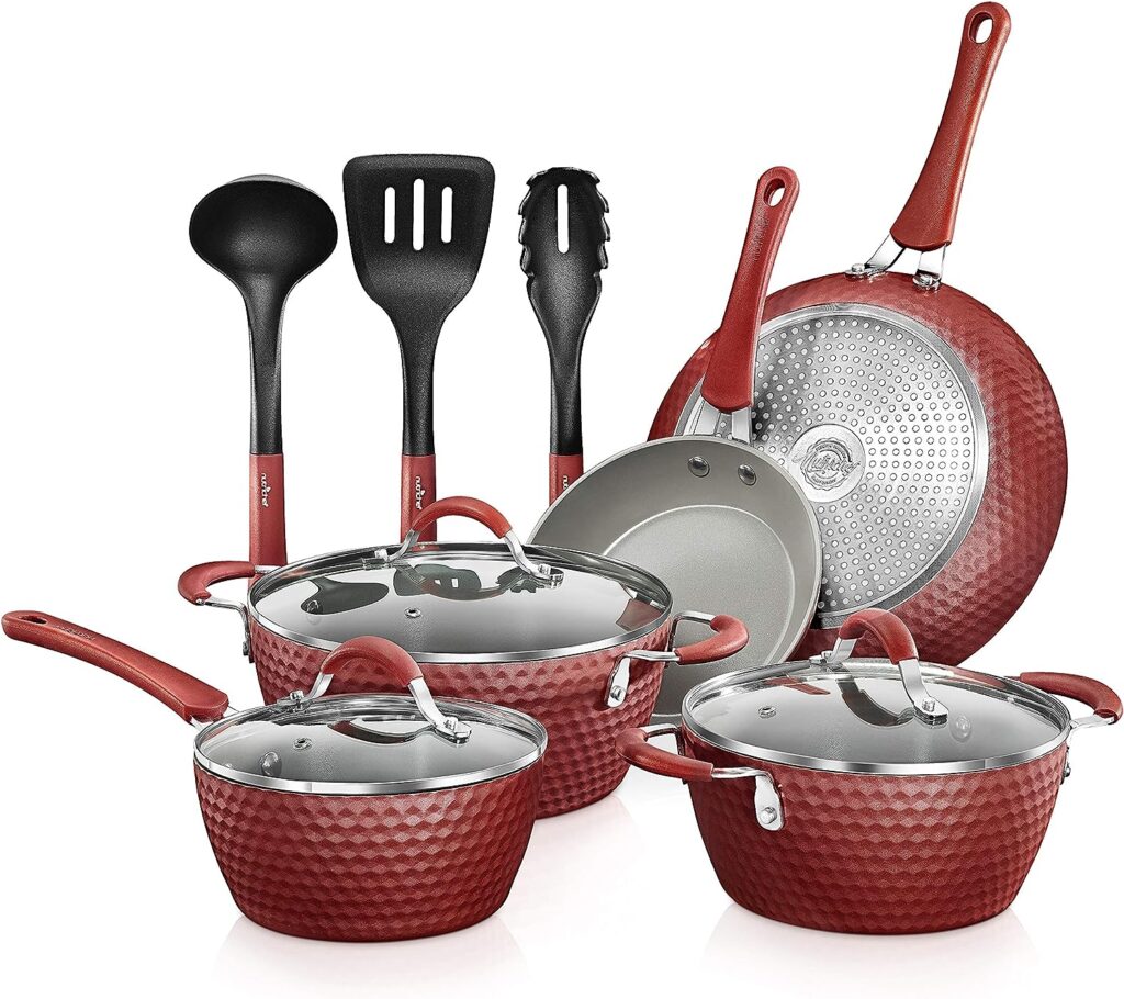 NutriChef Non-Stick Kitchenware Pots  Pans-11 Pcs. Stylish Kitchen Cookware Set w/Elegant Diamond Pattern, Gray Inside  Red Outside, Metal, Silicone Handle, PTFE/PFOA/PFOS Free, Red