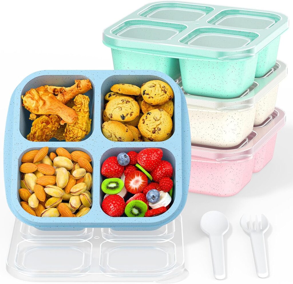 RGNEIN Bento Snack Boxes (4 Pack)- Reusable 4-Compartment Meal Prep Containers for Kids and Adults, Perfect Food Storage Containers for School, Compact and Stackable (Wheat(Green/Blue/PK/Beige))