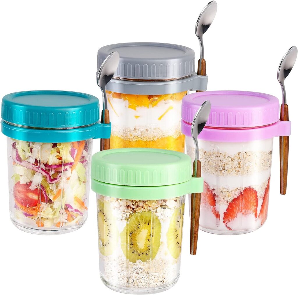 SUREHOME Overnight Oats Containers with Lids And Spoon, 4 Pack Glass Mason Jars for Overnight Oats Oatmeal Container to Go 16 Oz Meal Prep Jars with Measurement Scale for Pudding Milk Cereal Salad