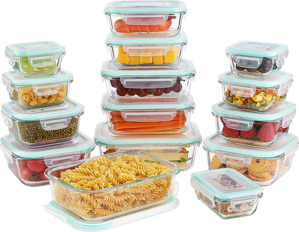 Vtopmart 15 Pack Glass Food Storage Containers, Meal Prep Containers, Airtight Glass Bento Boxes with Leak Proof Locking Lids, for Microwave, Oven, Freezer and Dishwasher