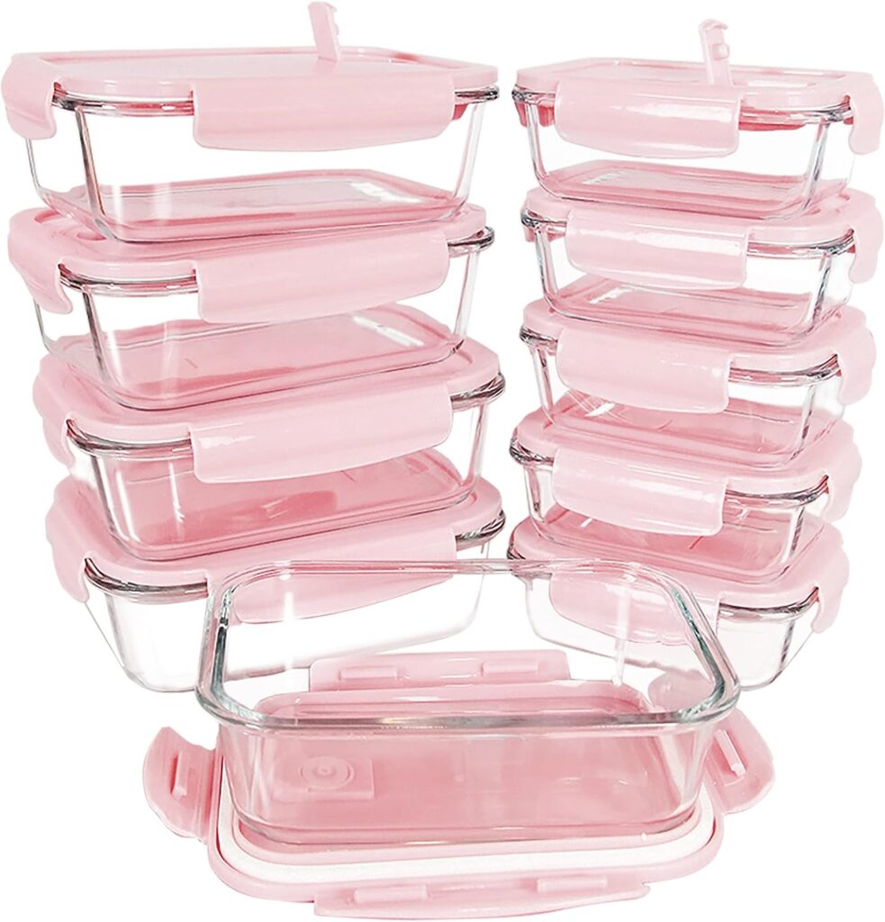 ZRRHOO [10 Packs Glass Food Storage Containers with Lids (Built in Vent), Airtight Meal Prep Containers, Glass Bento Boxes for Home Kitchen, BPA Free  Leak Proof (10 lids  10 Containers) - Pink